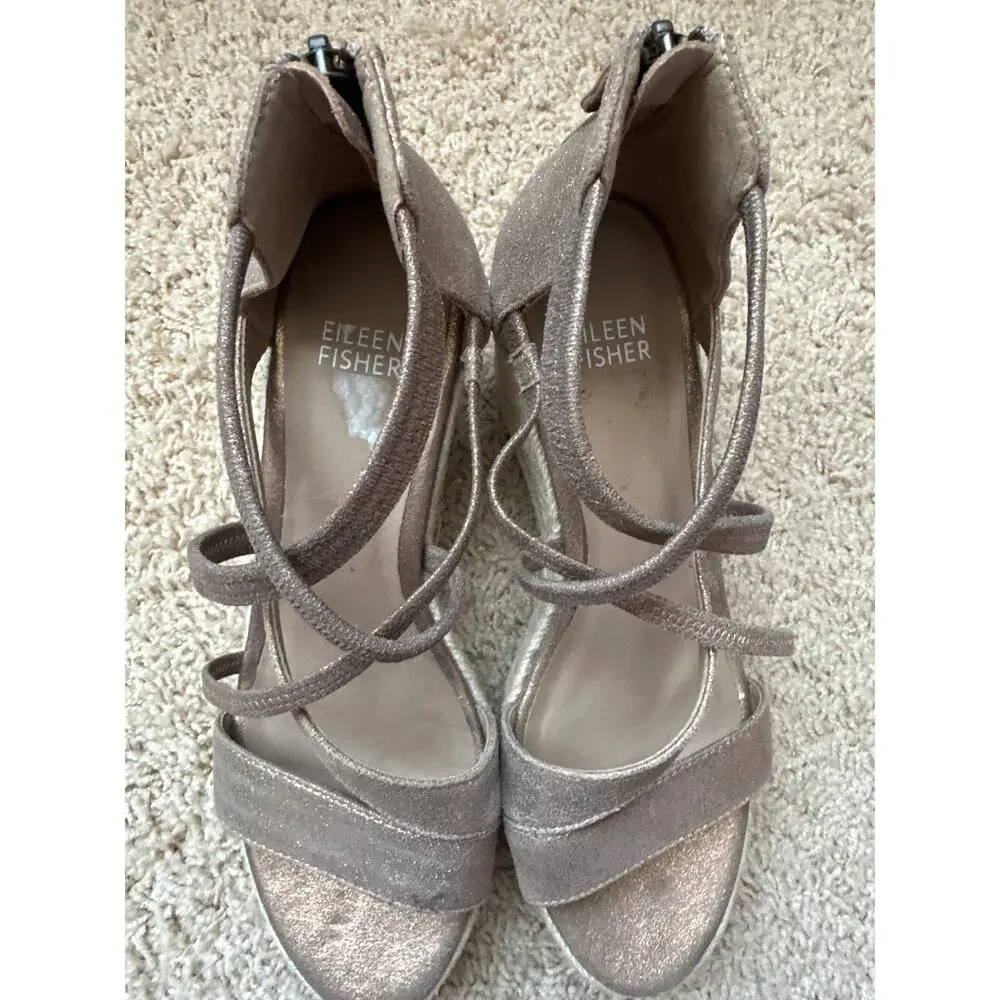 Eileen Fisher Wanda Metallic Leather Espadrille Wedge Sandals - Size‎ 6.5